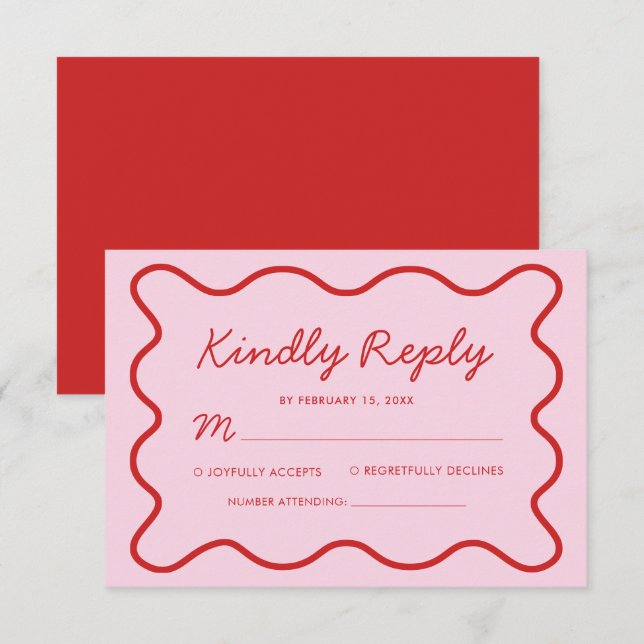 Moderne Wavy Pink und Red Retro Squiggle Wedding RSVP Karte (Vorne/Hinten)