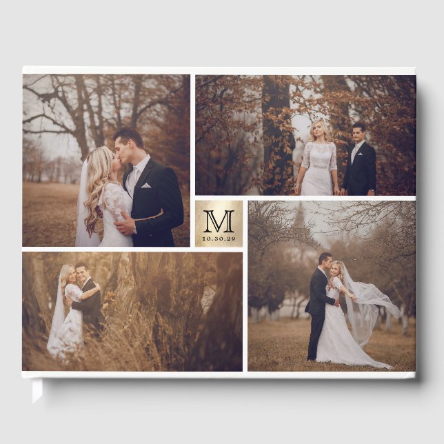 Moderne Wedding Monogram Gold 4 Foto Collage Gästebuch (Vorderseite)