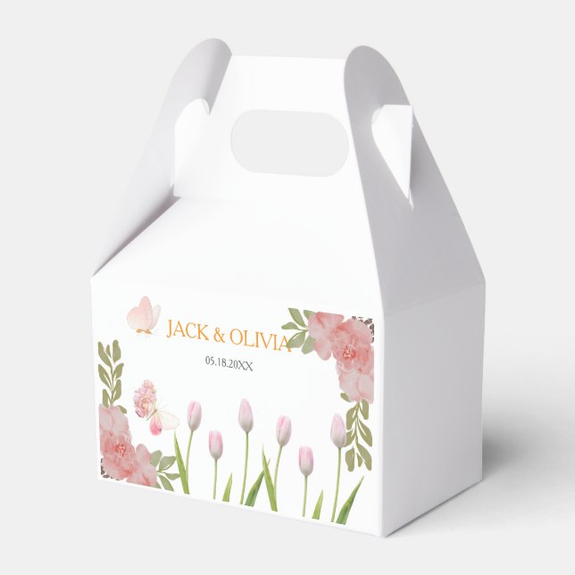 Moderne, weiche rosa Blüten und Schmetterlinge Som Geschenkschachtel (Vorderseite)