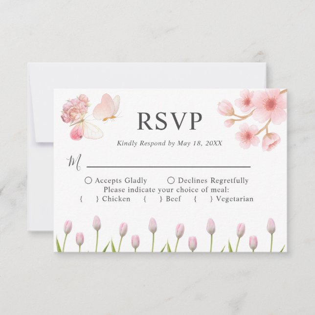 Moderne, weiche rosa Blüten und Schmetterlinge Som RSVP Karte (Vorderseite)