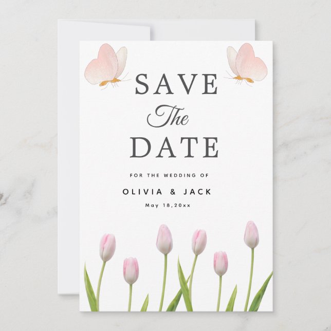 Moderne, weiche rosa Blüten und Schmetterlinge Som Save The Date (Vorderseite)