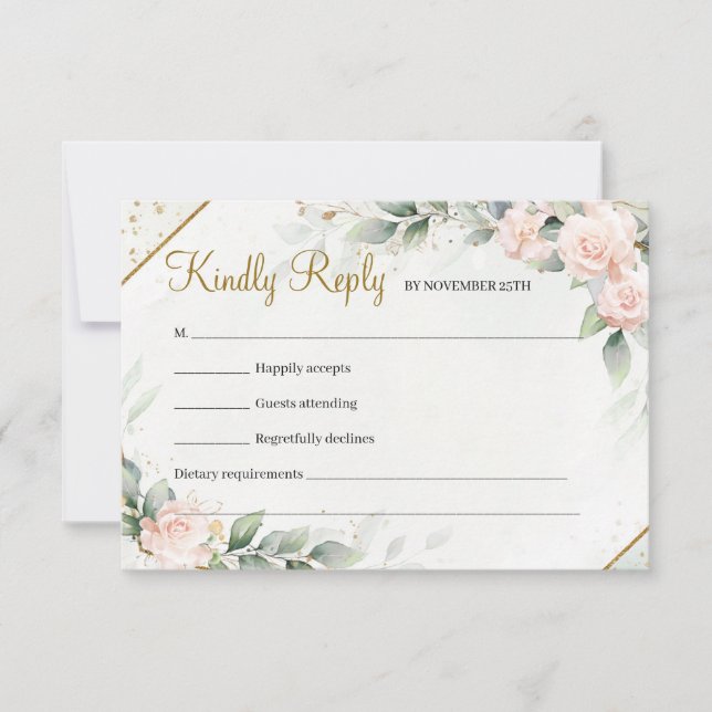 Moderne, weiche, rosa, florale Boho Greenery Gold  RSVP Karte (Vorderseite)
