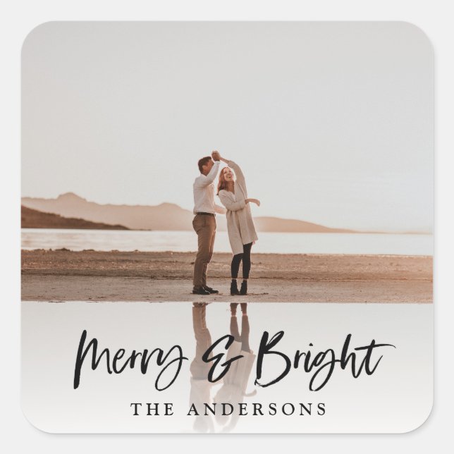 Moderne Weihnachten im Merry & Bright Foto Quadratischer Aufkleber (Vorderseite)