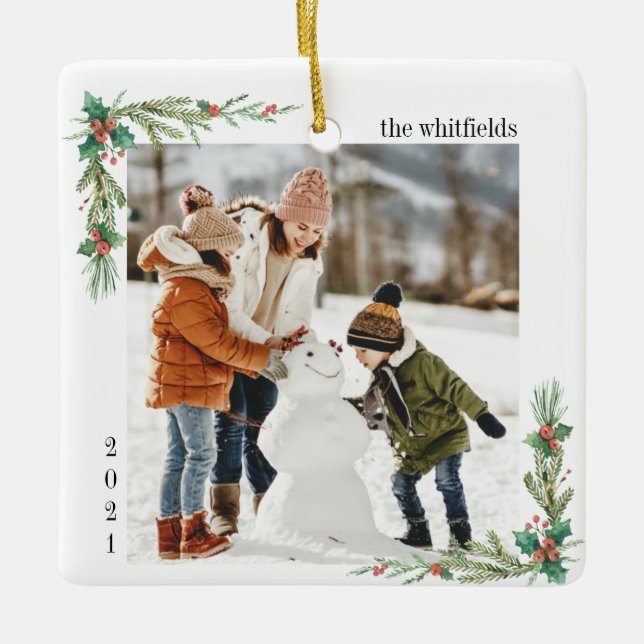 Moderne Weihnachten im Schnee Foto Mistletoe Keramikornament (Vorderseite)