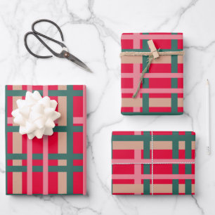 Moderne Weihnachten Karierte, helle Rote Grüne Lin Geschenkpapier Set