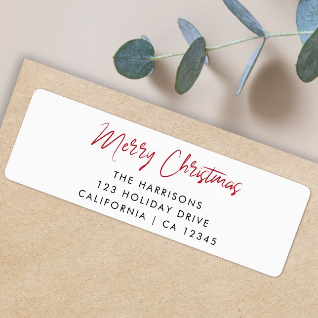Moderne Weihnachten | Rote Script-Rücksendeadresse (Simple Merry Christmas return address envelope labels by Guava for your every holiday mailing needs)