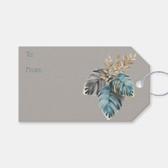 Moderne Weihnachten Rustic Blue Earth Tone Blätter Geschenkanhänger (Vorderseite (Horizontal))
