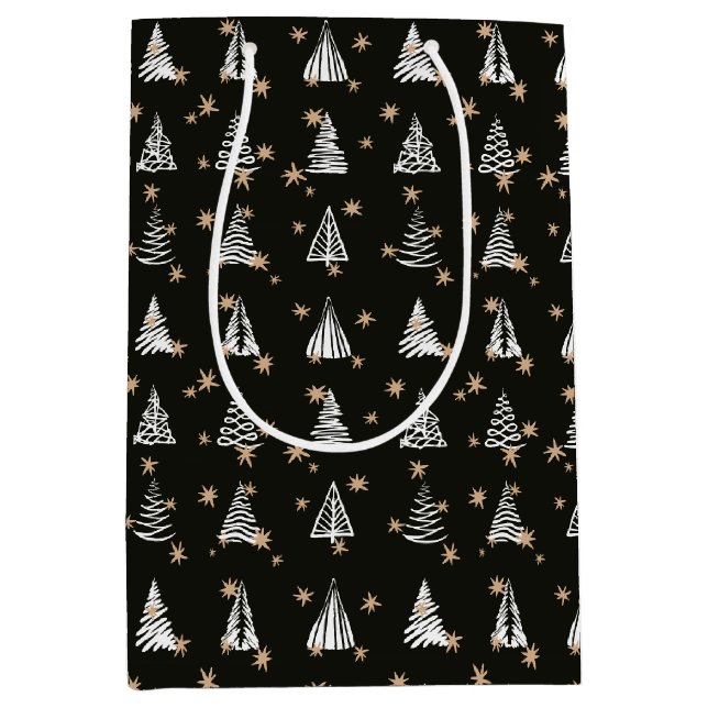 Moderne Weihnachten - Schwarz-weiße Goldstars Mittlere Geschenktüte (Vorderseite)