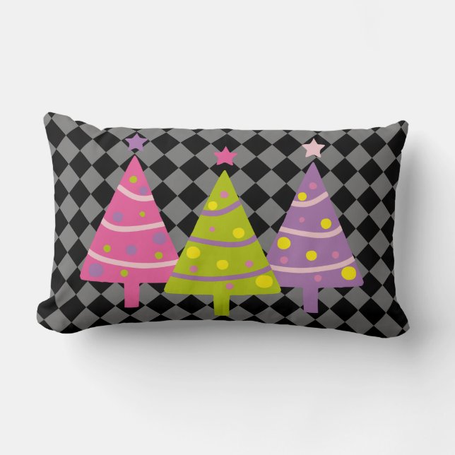 Moderne Weihnachten Schwarze Rosa Bäume Lendenkissen (Vorderseite)