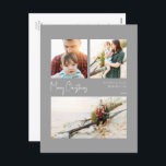Moderne Weihnachten | Silberzentriertes Drei-Foto-<br><div class="desc">Dieses moderne Weihnachtsfest | Silber zentrierte 3-Foto Ferien Postkarte ist perfekt für Ihr minimalistisches Shabby Chic boho silber und weiß Urlaub Gruß. Die minimale whimsical handgeschriebene Kalligraphie ist delikat und rustikal, bleibe elegant und elegant. Sie werden feststellen, dass alles über dieses Produkt bearbeitbar ist, also fühlen Sie sich frei, Bilder...</div>