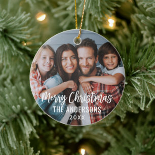 Moderne Weihnachts-Familienfoto-Schriftzug in Schi Keramik Ornament