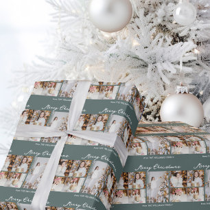 Moderne Weihnachts-Fotocollage Grau-Grün Geschenkpapier