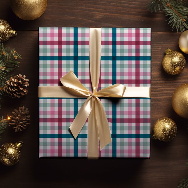 Moderne Weihnachts Gingham Gift Wrap Geschenkpapier (Modern Gingham Christmas wrapping paper in pink magenta and teal blue great for winter holiday gift )