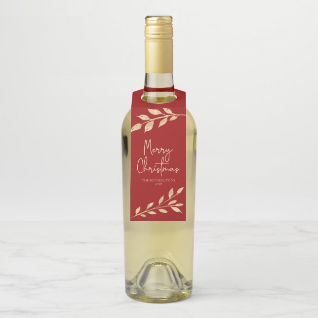 Moderne Weihnachts-Gold-Blätter auf Holiday Red Flaschenanhänger (Auf Flasche)