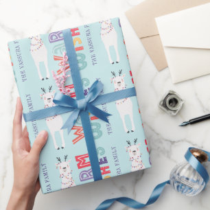 Moderne Weihnachts-Lama-Lichterkette Name Geschenkpapier