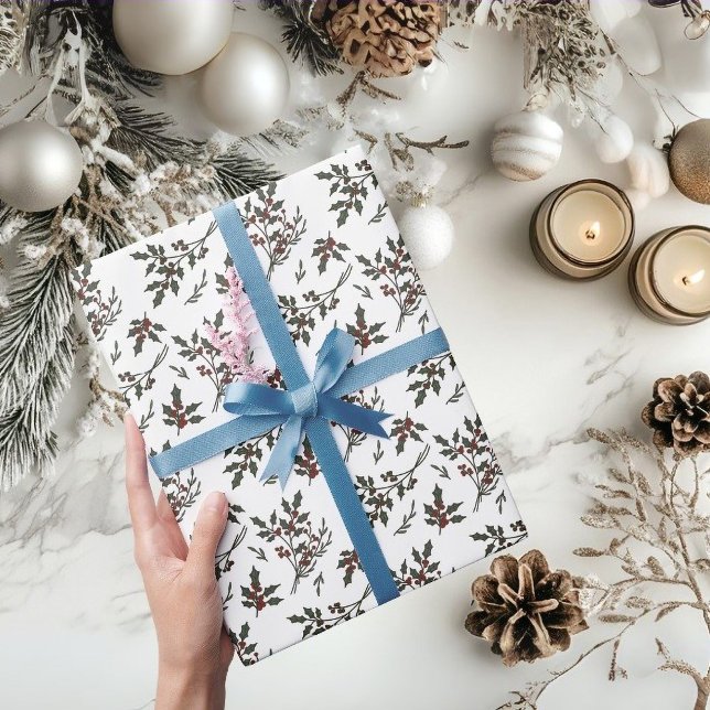Moderne Weihnachts-Pflanze Berries Winter White Geschenkpapier (Christmas Holly Botanical Pattern wrapping paper)