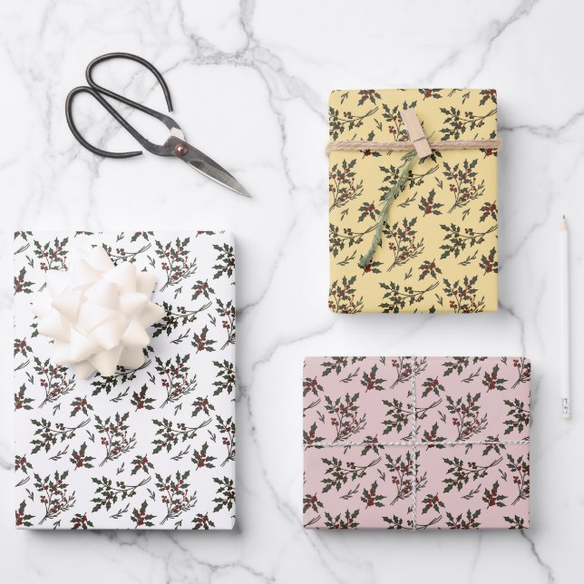 Moderne Weihnachts-Pflanze Wintermuster Geschenkpapier Set (Vorderseite)