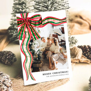 Moderne Weihnachts-Plaid-Schleife Familienfoto Url Feiertagskarte