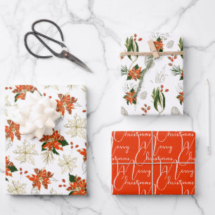 Moderne Weihnachts-Pointsettia-Muster koordiniert Geschenkpapier Set