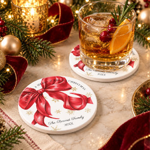 Moderne Weihnachts-Schale mit rotem Band Getränkeuntersetzer