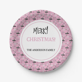 Moderne Weihnachts Schwarz-Weiß-Muster auf Rosa Pappteller