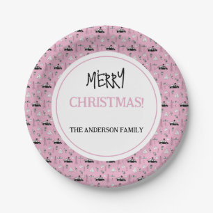 Moderne Weihnachts Schwarz-Weiß-Muster auf Rosa Pappteller