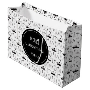 Moderne Weihnachts Schwarz/Weiß Personalisiert Große Geschenktüte
