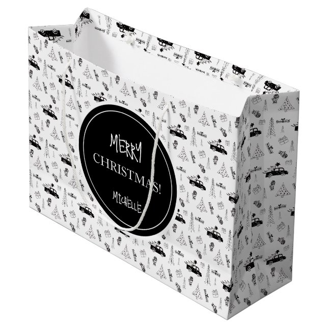 Moderne Weihnachts Schwarz/Weiß Personalisiert Große Geschenktüte (Vorderseite Schrägansicht)