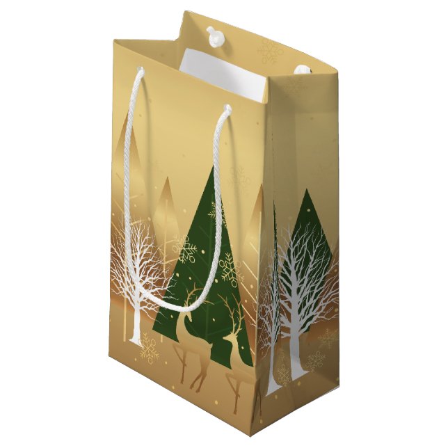 Moderne Weihnachts Winter Hirsche Szene Gold Grün Kleine Geschenktüte (Vorderseite Schrägansicht)