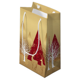 Moderne Weihnachts Winter Hirsche Szene Gold Red Kleine Geschenktüte