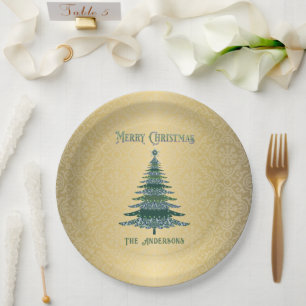 Moderne Weihnachtsbaum Green Gold Name Ornamente Pappteller