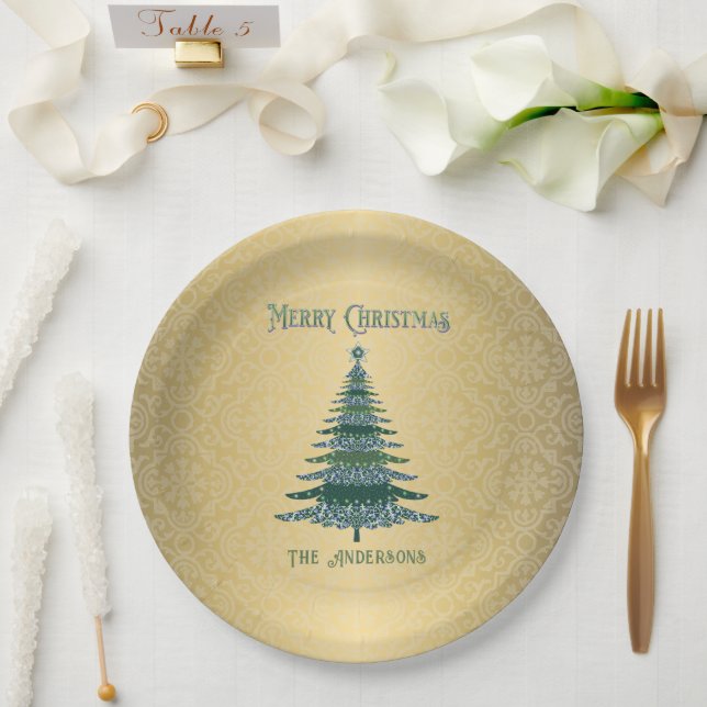 Moderne Weihnachtsbaum Green Gold Name Ornamente Pappteller (Hochzeit)