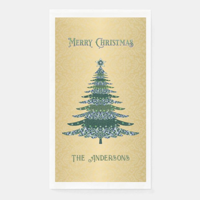 Moderne Weihnachtsbaum Green Gold Name Ornamente Serviette (Vorderseite)