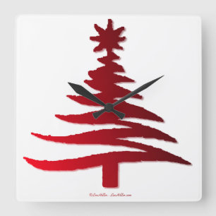 Moderne Weihnachtsbaum-Schablonen Druck Rot Quadratische Wanduhr