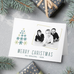 Moderne Weihnachtsbaum-Schneeflocken-Familienfoto Feiertagskarte