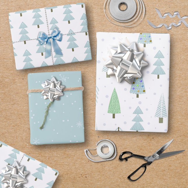 Moderne Weihnachtsbäume Blue Green Pattern Trio Geschenkpapier Set (Von Creator hochgeladen)