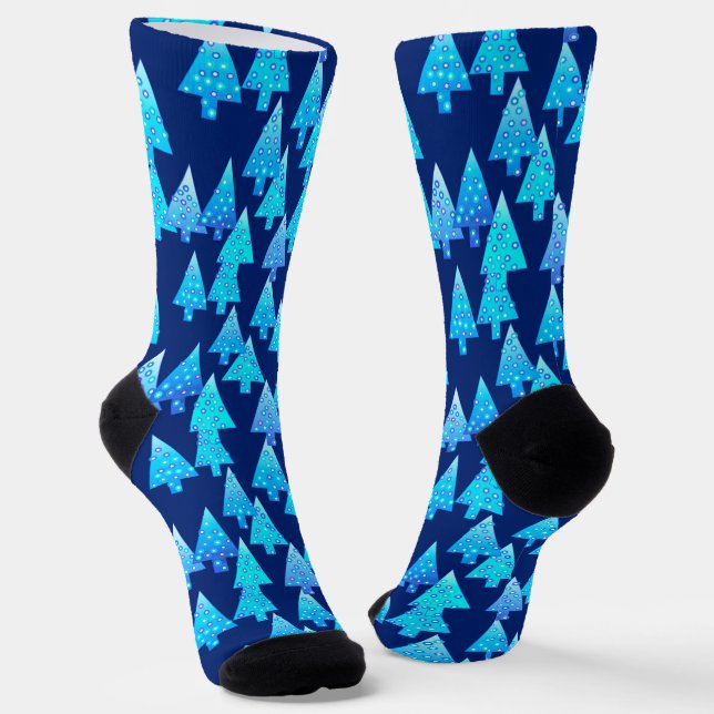 Moderne Weihnachtsbäume der Blume, Navy und Sky Bl Socken (Gewinkelt)