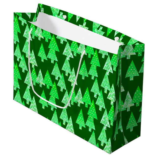 Moderne Weihnachtsbäume der Blume, piniengrün Große Geschenktüte (Vorderseite Schrägansicht)