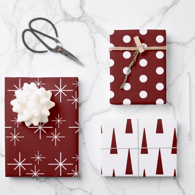 Moderne Weihnachtsbäume Einfache Schneeflocken Rot Geschenkpapier Set (Vorderseite)