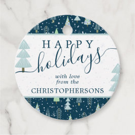 Moderne Weihnachtsbäume glückliche Ferien Script B Geschenkanhänger