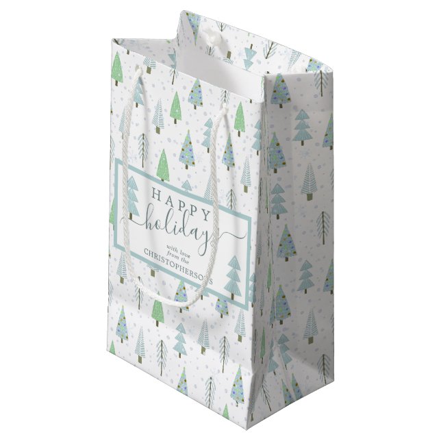 Moderne Weihnachtsbäume glückliche Ferien Script B Kleine Geschenktüte (Vorderseite Schrägansicht)
