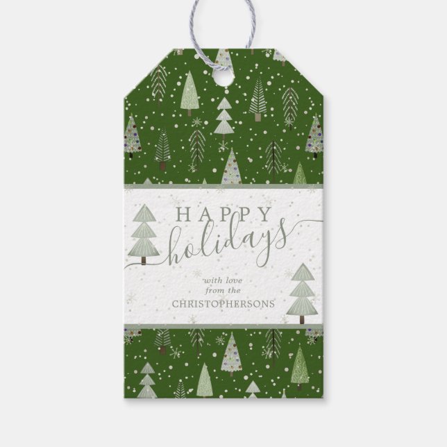 Moderne Weihnachtsbäume glückliche Ferien Script Geschenkanhänger (Vorderseite)