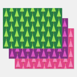 Moderne Weihnachtsbäume, grün, Lila, rosa Wrappi Geschenkpapier Set