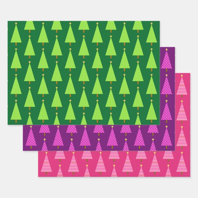 Moderne Weihnachtsbäume, grün, Lila, rosa Wrappi Geschenkpapier Set (Set)