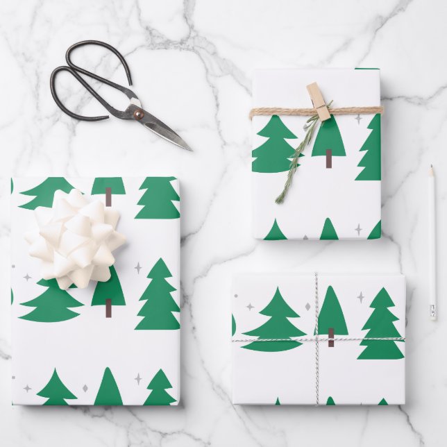 Moderne Weihnachtsbäume grün/silber/weiß Geschenkpapier Set (Vorderseite)
