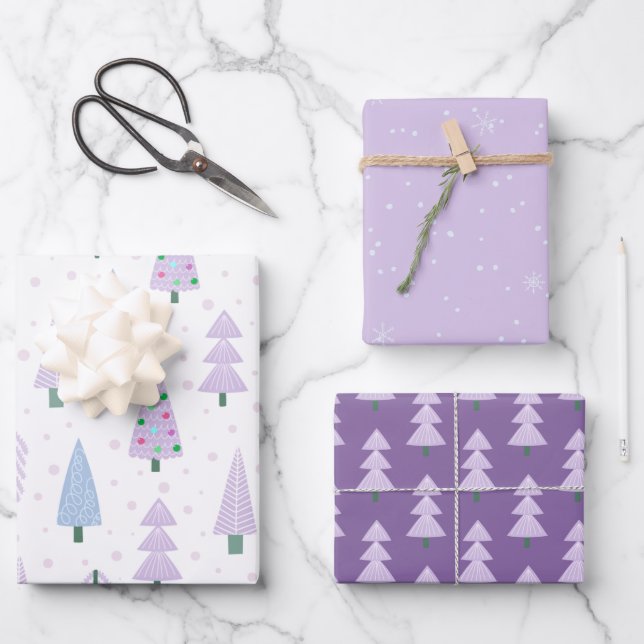 Moderne Weihnachtsbäume Lavender Pattern Geschenkpapier Set (Vorderseite)