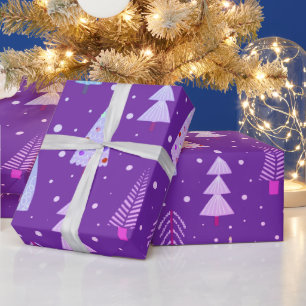 Moderne Weihnachtsbäume Lila rosa blaues Muster Geschenkpapier