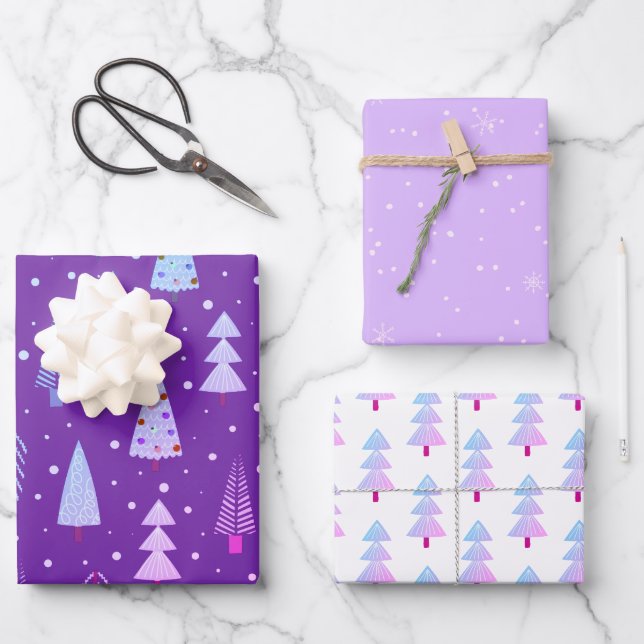 Moderne Weihnachtsbäume Lila rosa Muster Geschenkpapier Set (Vorderseite)