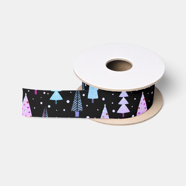 Moderne Weihnachtsbäume Lila rosa Schwarzes Muster Satinband (Spule)
