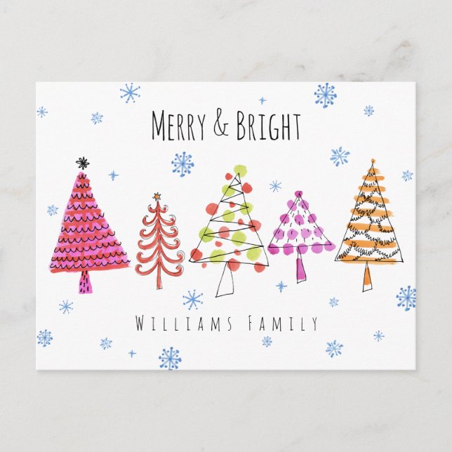Moderne Weihnachtsbäume Merry & Bright Feiertagspostkarte (Vorderseite)